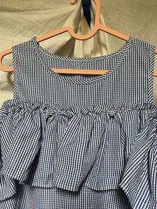 Korean Style Blue Gingham Cold Shoulder Dress