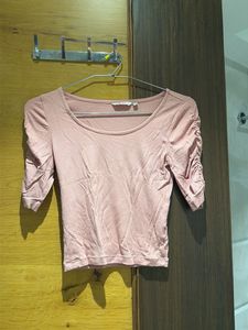 Chic Pink Ribbed Ruched Sleeve Top