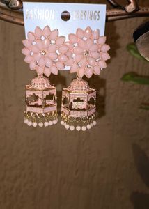 Pink Jaipuri Style Jhumkas With Small Bag
