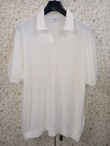 Boucle slit neck knitted polo shirt ivory