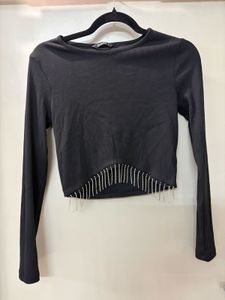 Black Crop Top with Rhinestone Fringe