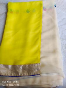 Cream &amp; Lemon Yellow Saree