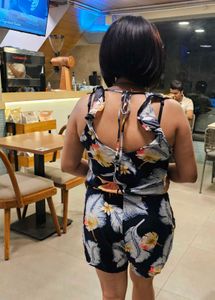 Floral Print Romper with Ruffle Neckline