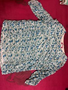 Blue Floral Ruched Puff Sleeve Top