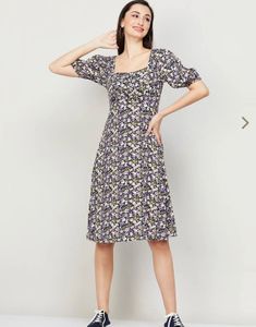 Floral Puff Sleeve Square Neck Dress
