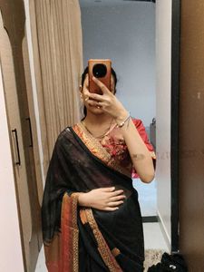 Elegant Black Saree with Red Blouse