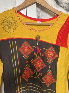 Yellow and Brown Embroidered Kurta