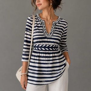 Striped Tunic Top with Embellished Neckline