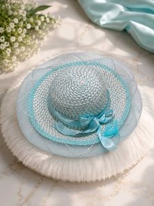 Chic Blue &amp; White Straw Hat with Veil