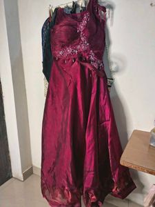 Wine Pleated Silk Designer Gown