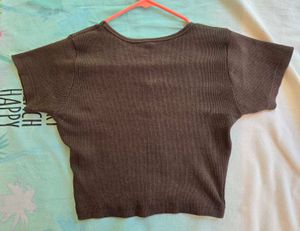 Brown Ribbed V-Neck Cropped Top
