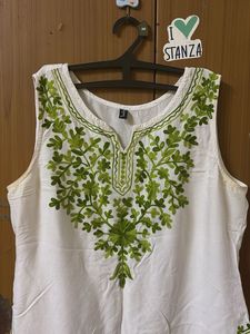 White Kurta with Green Embroidery
