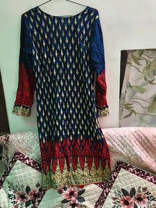 Elegant Navy Blue &amp; Red Printed Kurta Suit