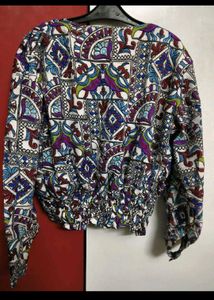 Boho Print V-Neck Smocked Waist Top