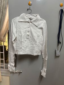 White Collared Cropped Ribbed Top