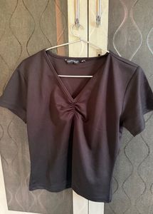 V-Neck Ruched Black Top