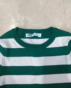 Green &amp; White Striped Cropped Sweater