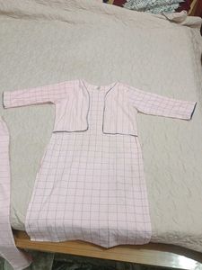 Pink Checked Kurta & pant with attached jacket