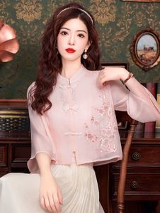 Elegant Pink Embroidered Mandarin Collar Blouse