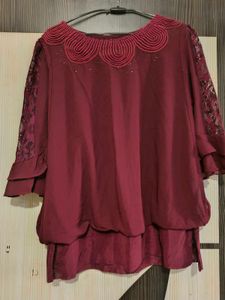 Stylish Maroon Lace Sleeve Tunic