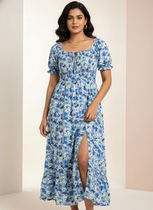 Floral Print Puff Sleeve Midi Dress