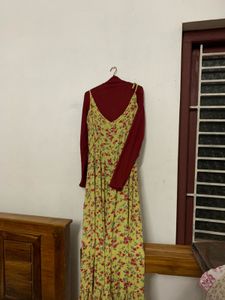 Green Floral pinafore Dress with maroon Inner top
