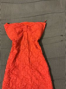 Coral Lace Strapless Mini Dress