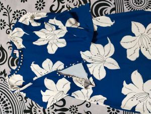 Blue Floral Print midi dress with Pearl Detail