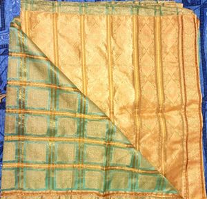 Mint Green & Golden Sari Tissue Saree Ethnic Wear