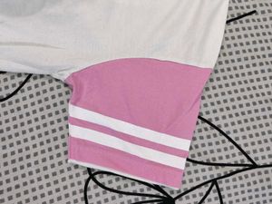 White &amp; Pink Striped Sleeve Polo neck tshirt