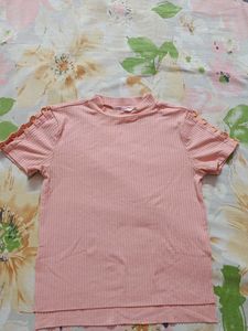 Pink Ribbed Cut-out Sleeve Top