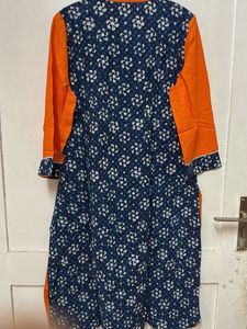 Blue Floral Kurti With Orange Design On Neck