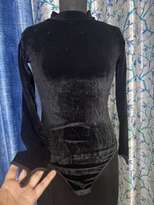 Black Velvet Mock Neck Bodysuit with Finger holes