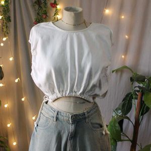 Zara White Cinched Waist Crop Top