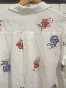 White Floral Print Button-Down Shirt