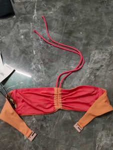 Coral Ruched Strapless Bikini Top