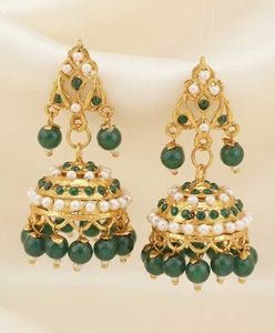 Elegant Gold Jhumka Earrings with Green Beads