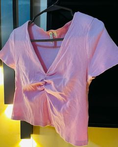 Pink Ruched V-Neck Cropped Top
