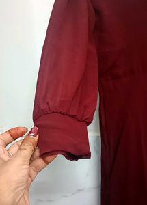 Maroon Pleated V-Neck Dress