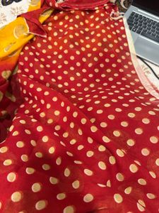Charming Red &amp; Yellow Polka Dot Saree