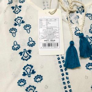 White &amp; Blue Printed Tassel Kurta
