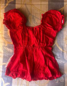 Chic Red Button-Up Puff Sleeve Top
