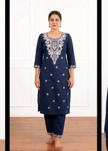 Elegant Navy Kurta Set with White Embroidery
