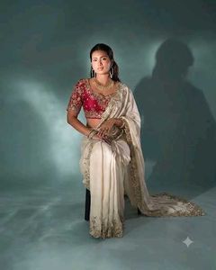 Elegant White &amp; Gold Embroidered Saree