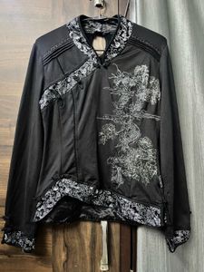 Black Embroidered Dragon Mandarin Collar Top