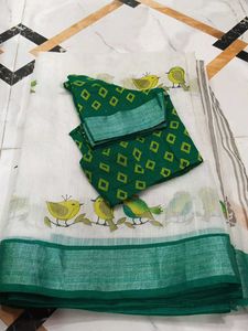 White Saree with Bird Print