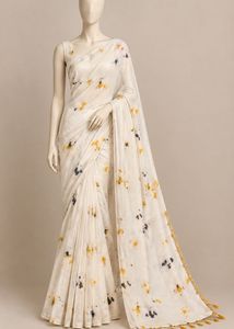 Shibori White Saree with Abstract Print