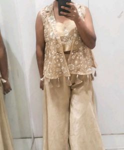 Embellished Beige Kurta Set with Jacket