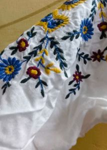 White Embroidered Balloon Sleeve Top