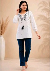 White Kurta with Black Embroidery_S